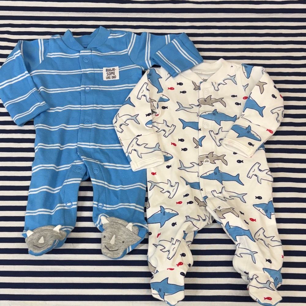 Blue Striped Footie & White Shark-Print Baby One-Pieces (2-Pack)